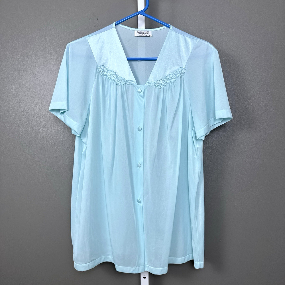 Vintage Vanity Fair Pajama Top Only Size Medium Nylon 90-107 Aqua Floral Shirt